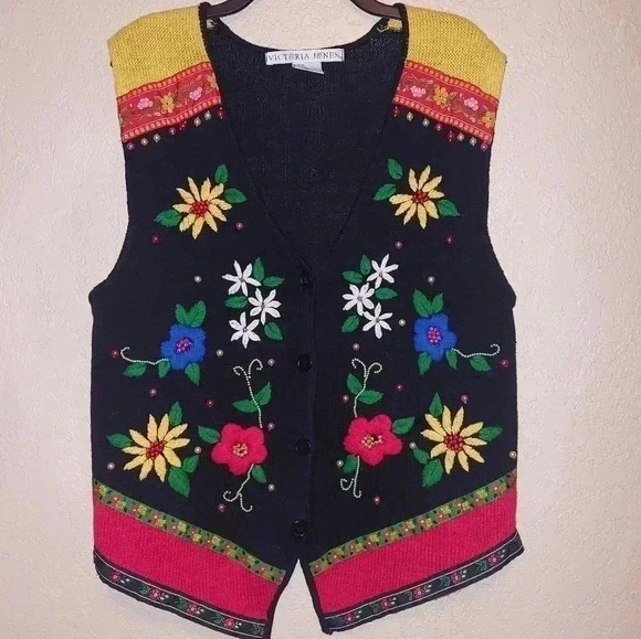 Victoria Jones Woman Jackets & Blazers - Vintage Victoria Jones Beaded Sweater Vest Women's Sz M Embroidered Flowers